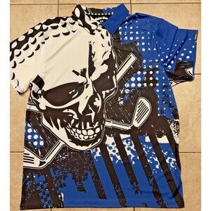 Tattoo Golf Shirt Mens 2XL Blue Skull AOP Blade Collection Polo Performance